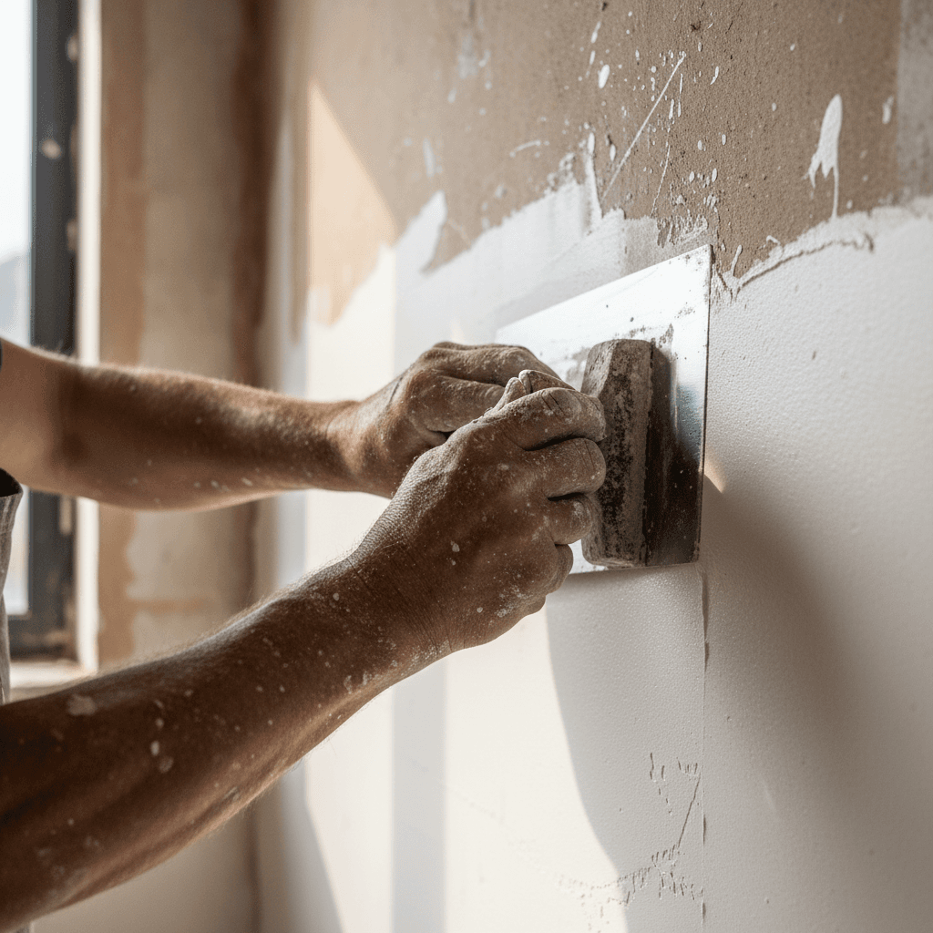 Professional plasterer applying plaster finish to interior wall with precision and care