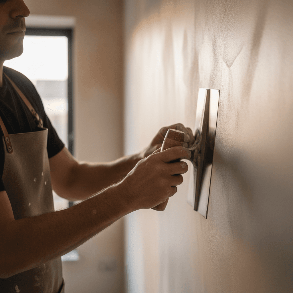 Close-up of plasterer's hands applying microcement finish to interior wall using specialized trowel with natural lighting